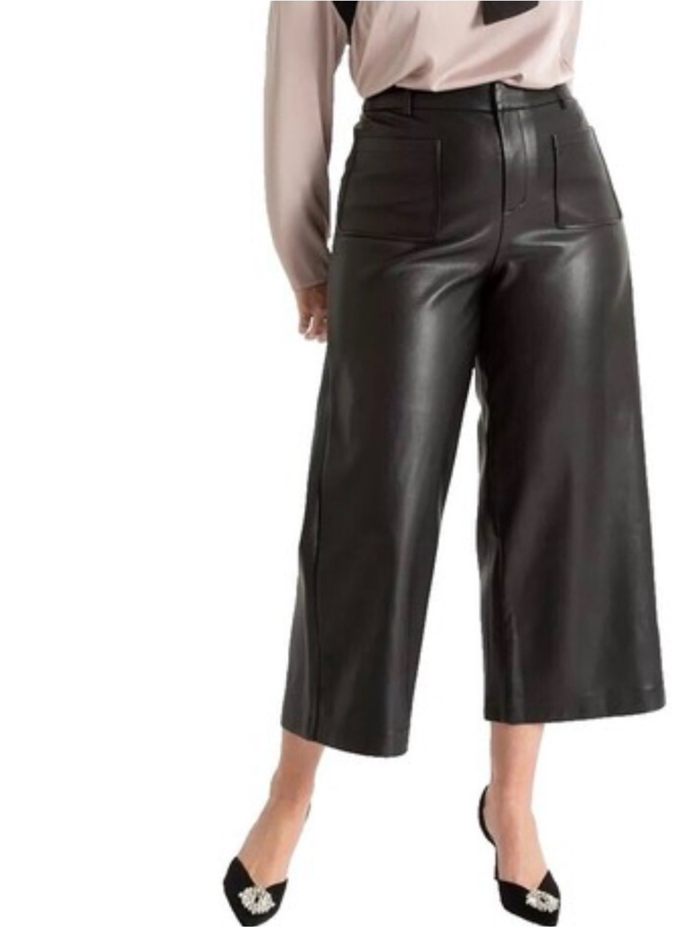 Eloquii Black Faux Leather Wide-Leg Crop Pants